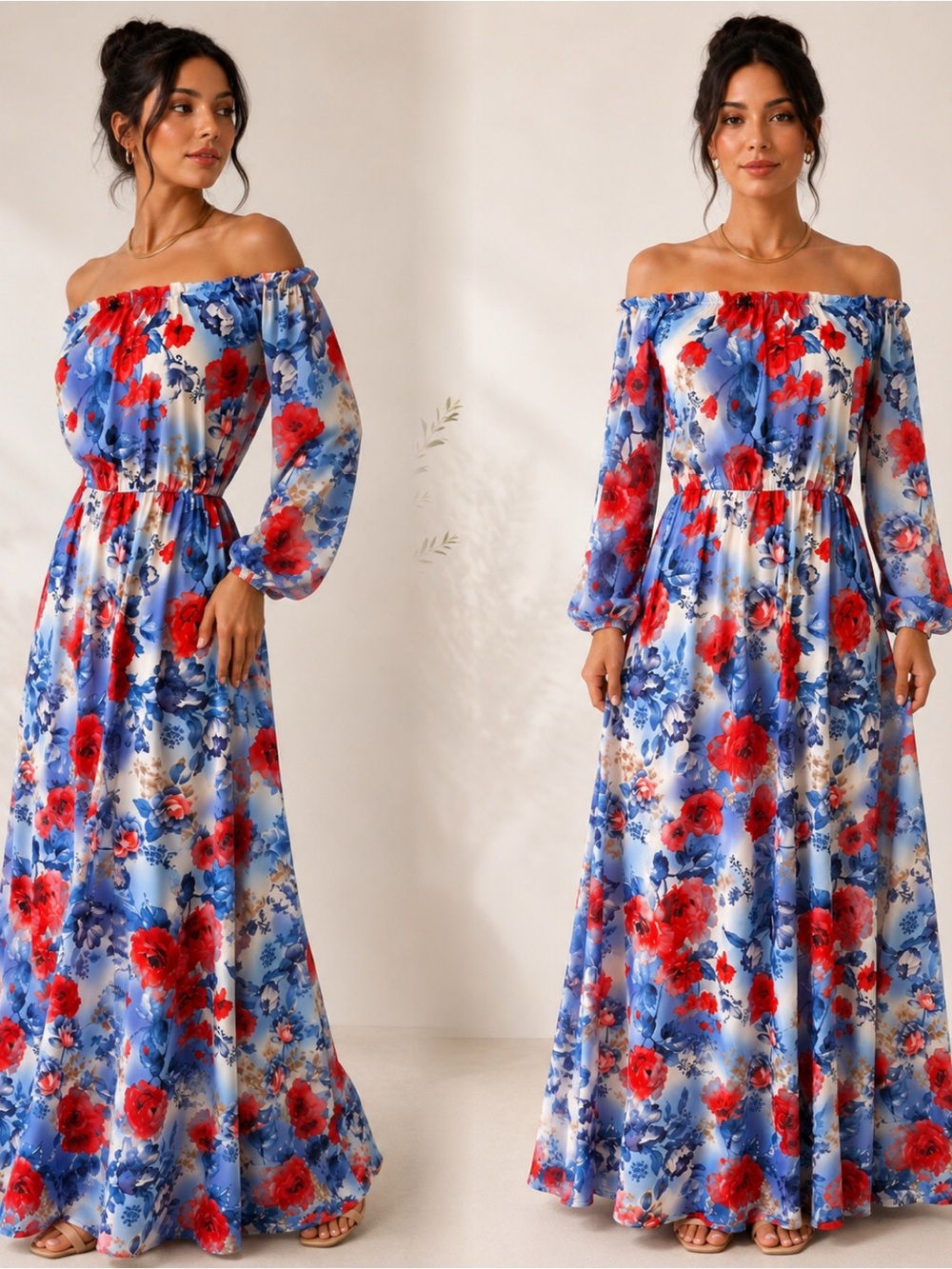 Off-Shoulder Sheer Floral Maxi Dress Cover Up in Red & Blue
